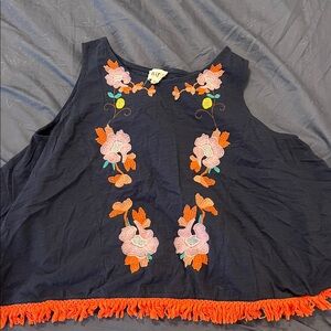 BiBi Navy Tank Top with Pink & Orange Floral Embroidery